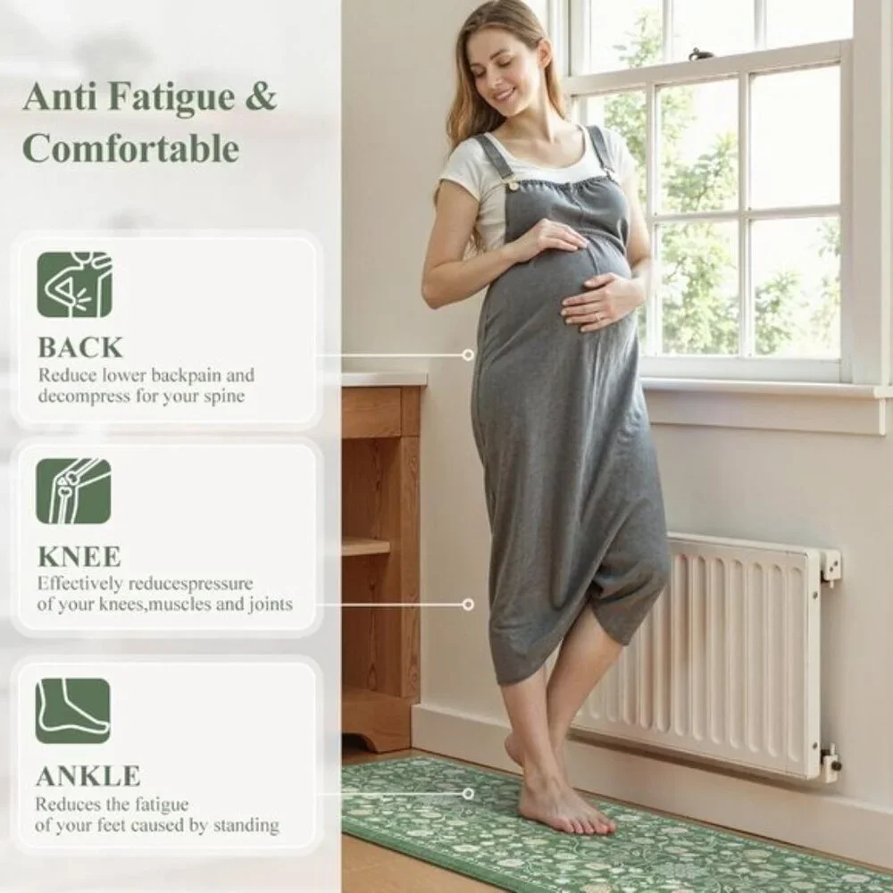 New 2Pcs Cushioned Kitchen Mats, Non-Slip Floral Anti-Fatigue Rugs in Green
